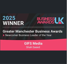 2025 Winner Business Awards UK Greater Manchester Business Awards Newcomer Business Leader of the Year awarded to GIFS Media Shah Saeed.
