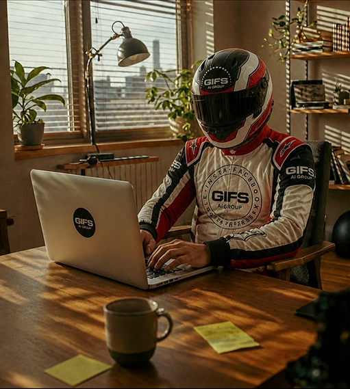 Person wearing a black and red racing helmet and suit with GIFS AI Group logos, sitting at a wooden desk typing on a laptop with a GIFS AI Group sticker, surrounded by office plants and shelves.
