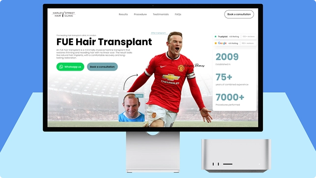 Computer screen displaying Harley Street Hair Clinic's FUE Hair Transplant webpage with text, customer ratings, statistics, and images, including a soccer player in a red Manchester United jersey and a before-and-after photo of a man's hair restoration.