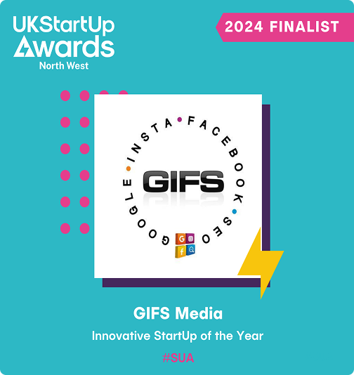 Graphic for UK StartUp Awards North West 2024 finalist GIFS Media, recognized as Innovative StartUp of the Year, featuring a white square with the word GIFS in bold, surrounded by the names Google, Insta, Facebook, and SEO in a circle, and a yellow lightning bolt symbol on the bottom right.