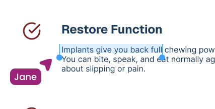 A checkmark icon followed by the bold heading 'Restore Function' and text explaining that implants restore full chewing power, allowing normal biting and speaking without pain or slipping.