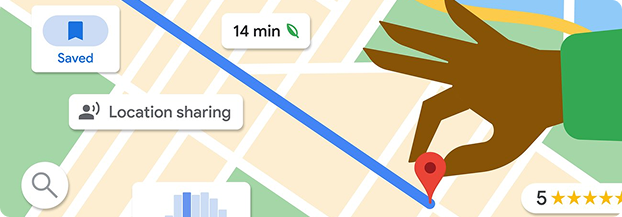 A stylized map interface with a hand placing a red location pin on a street map, showing elements including a 'Saved' button, 'Location sharing' label, a 14-minute travel time with a leaf icon, a 5-star rating, and a magnifying glass search icon.