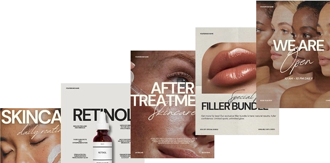 Collage of skincare promotional posters featuring close-ups of faces and skin, highlighting themes like skincare daily routine, retinol serum, after treatment care, a special filler bundle, and a message stating 'We Are Open' with diverse female faces.