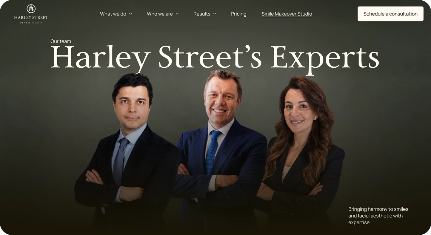 Three professionals from Harley Street Dental Studio dressed in formal attire with arms crossed, under the heading 'Harley Street's Experts', with navigation options and a consultation button.