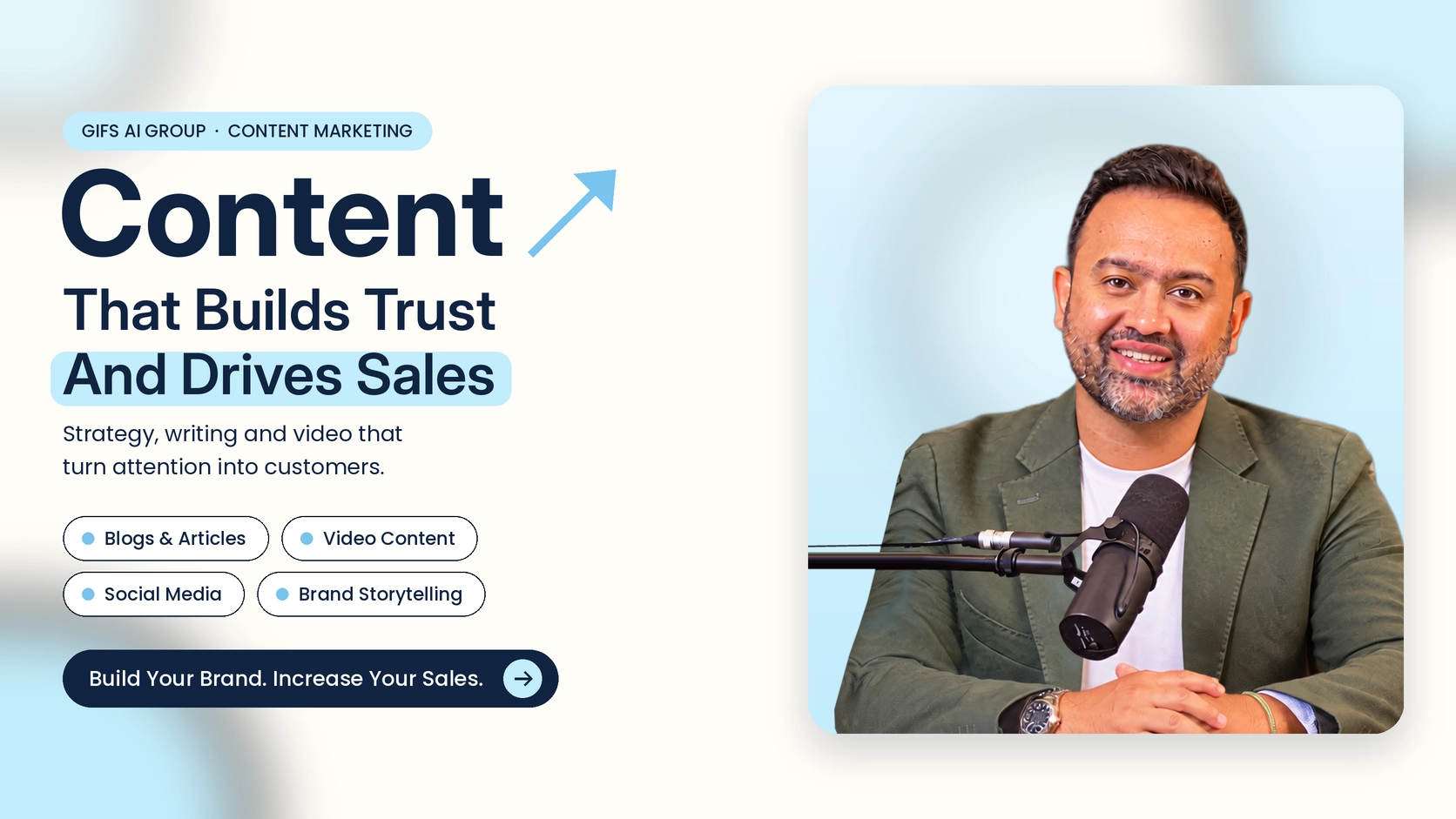 Man with short dark hair and beard wearing a green blazer and white shirt sits at a table speaking into a black microphone with a blue background, alongside text promoting content marketing that builds trust and drives sales with services like blogs, video content, social media, and brand storytelling.