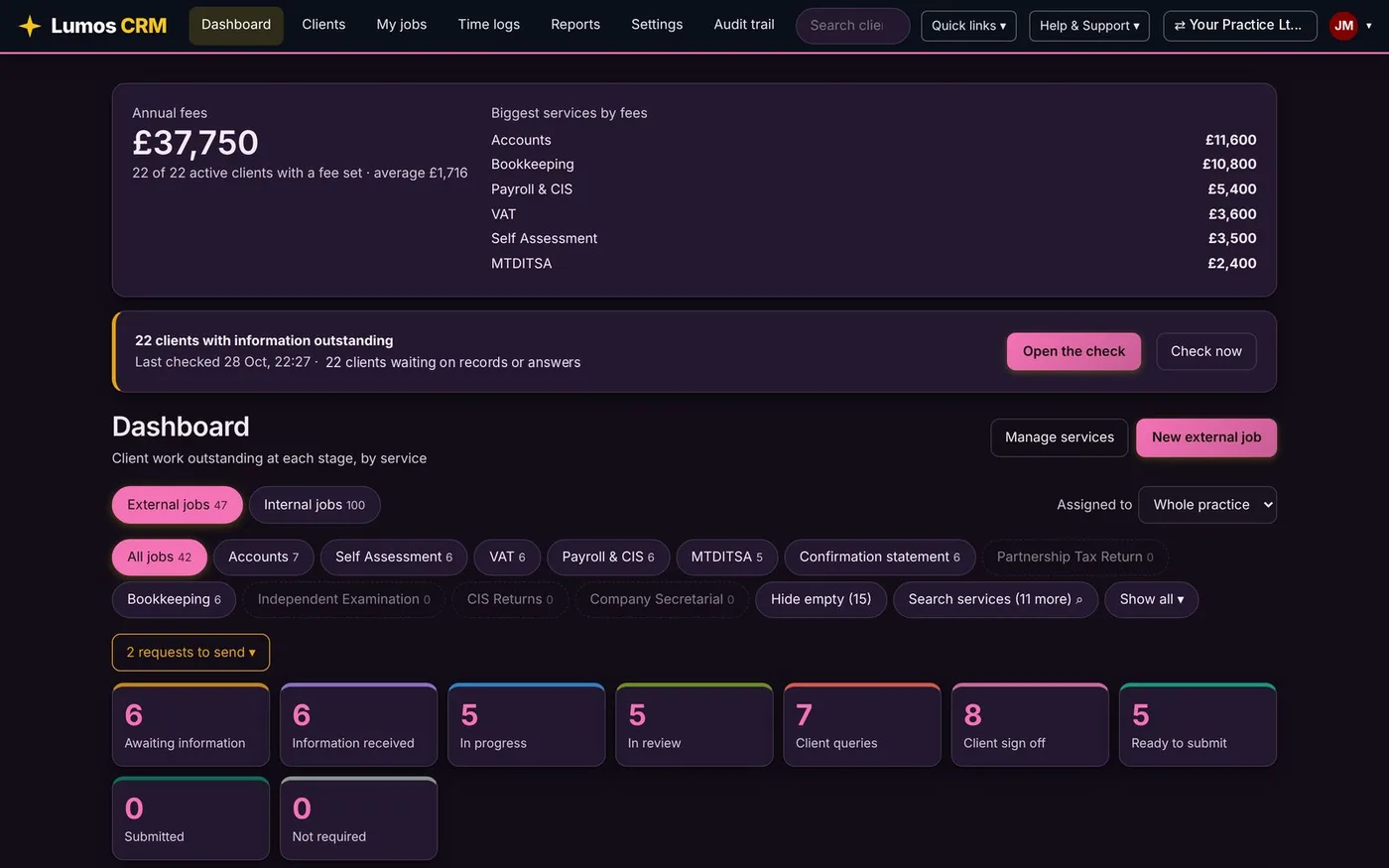 Lumos CRM in a berry colour scheme