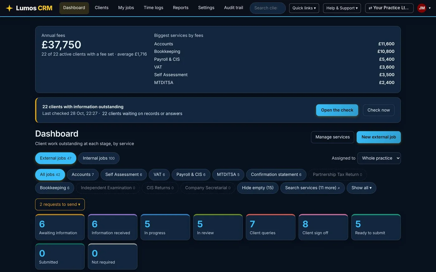 Lumos CRM in an ocean colour scheme