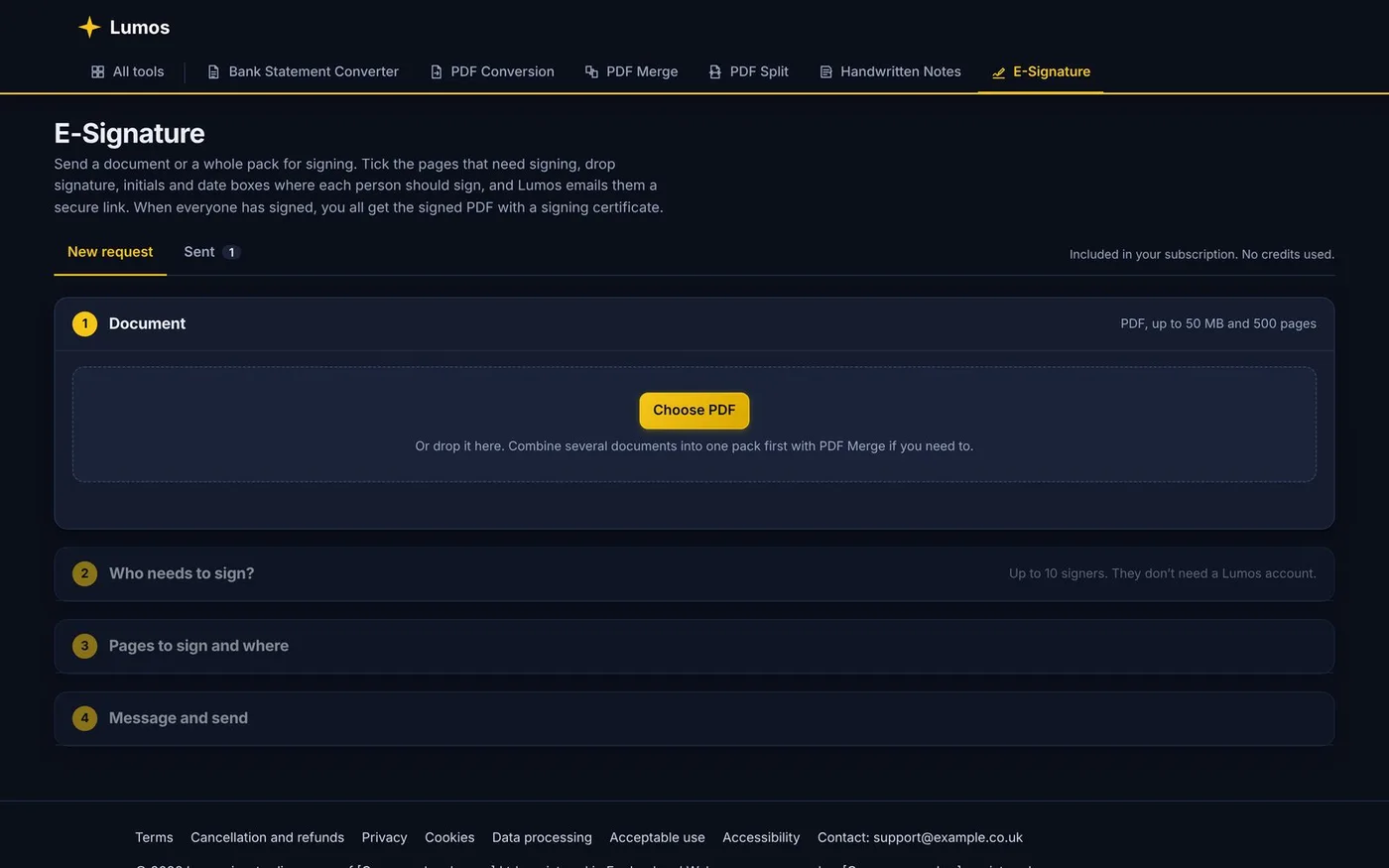 Lumos E-Signature tool choosing which pages of a pack need signing