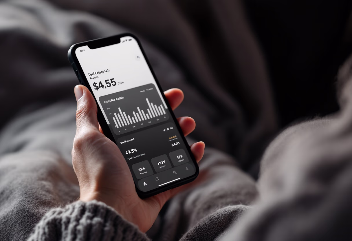 image of analytics dashboard (for a real estate tech) displayed on a mobile device