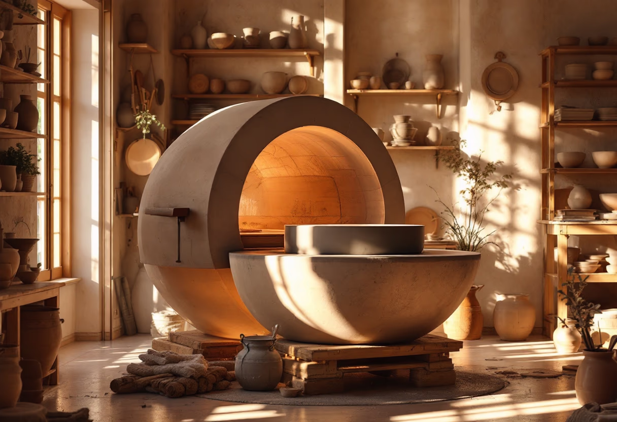 image of large pottery kiln in a ceramic studio