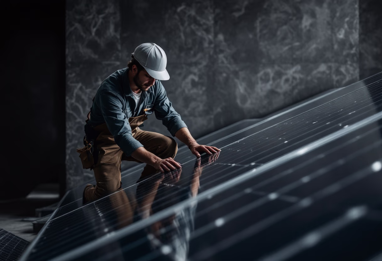 image of a technician installing solar panels (for a green tech/cleantech company)