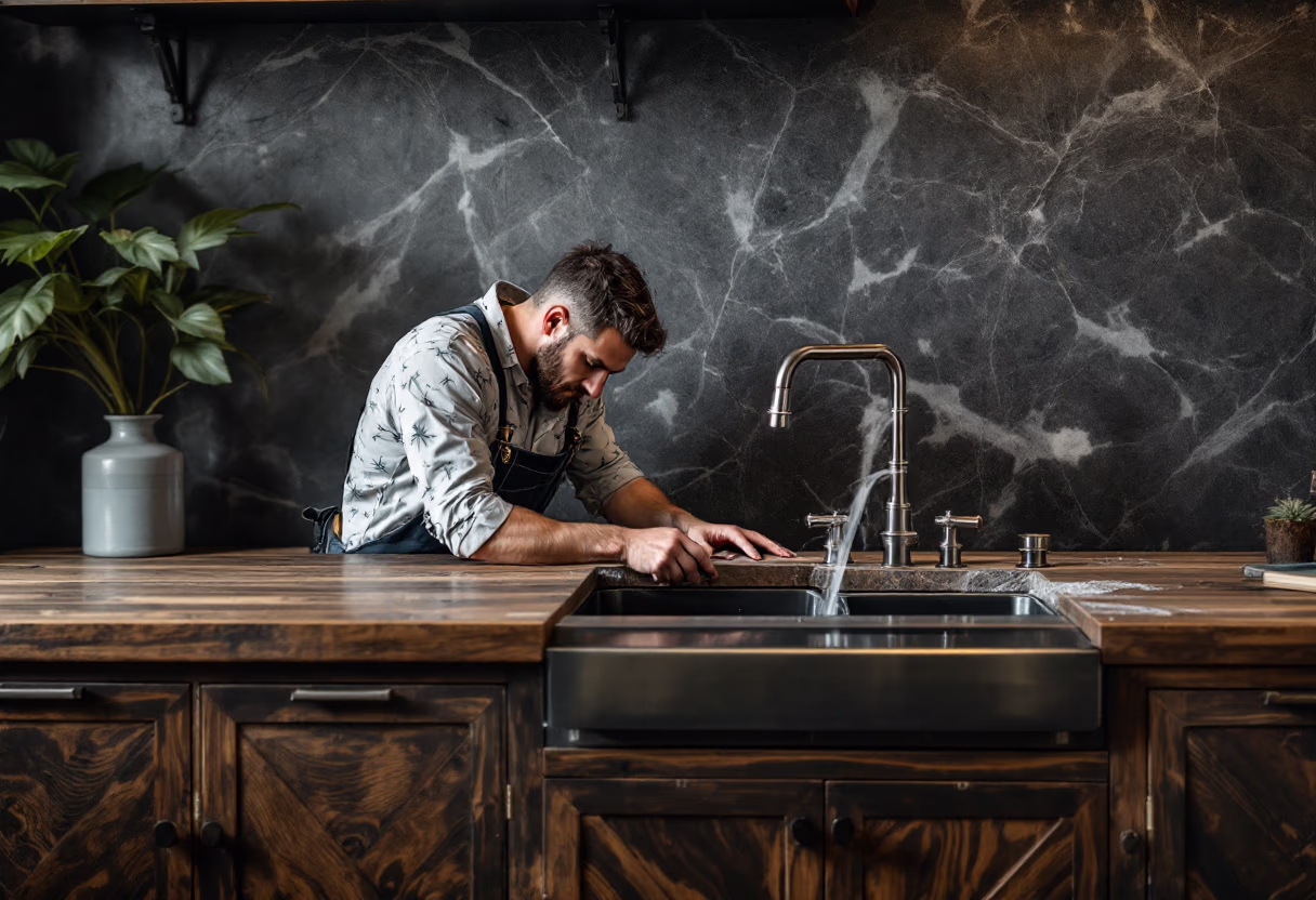 image of plumber working under a sink (for a plumbing service)