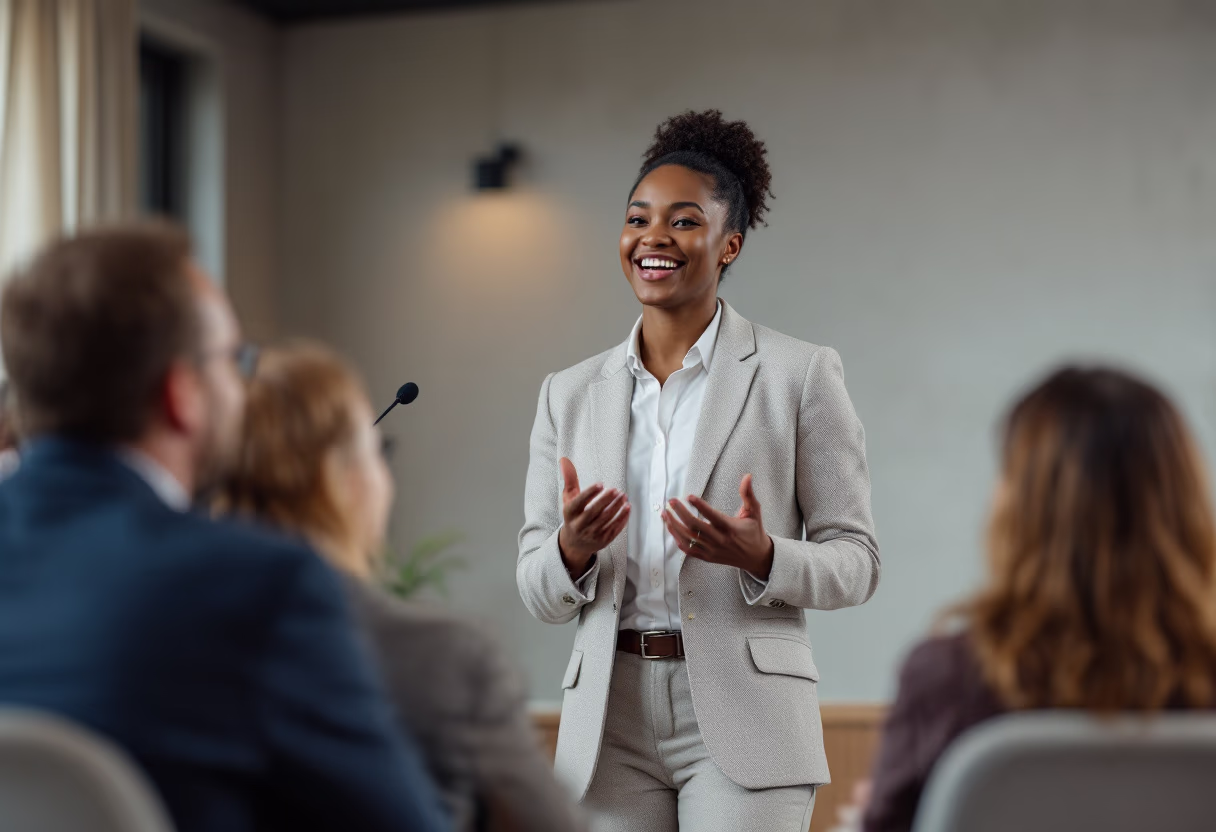 image of guest speaker at a conference (for a legal tech)