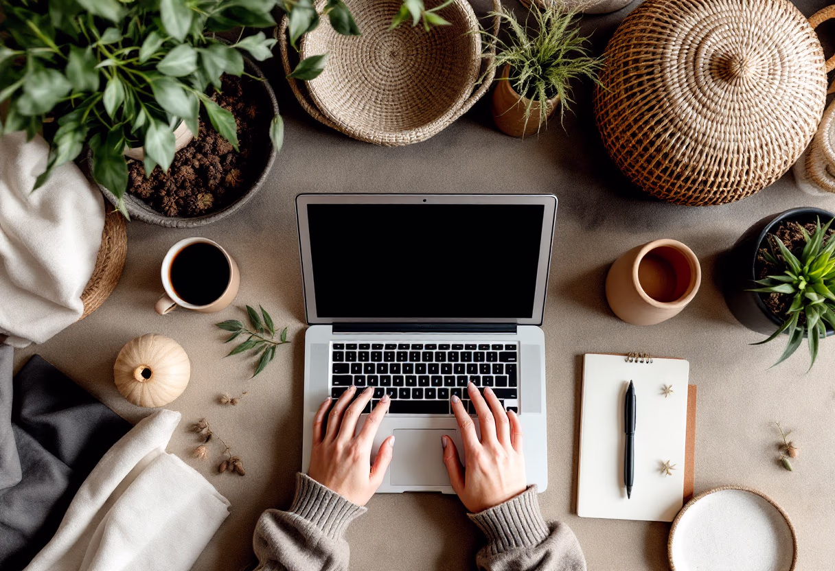 [background image] image of topdown photo of desk with laptop (for a food and agtech)