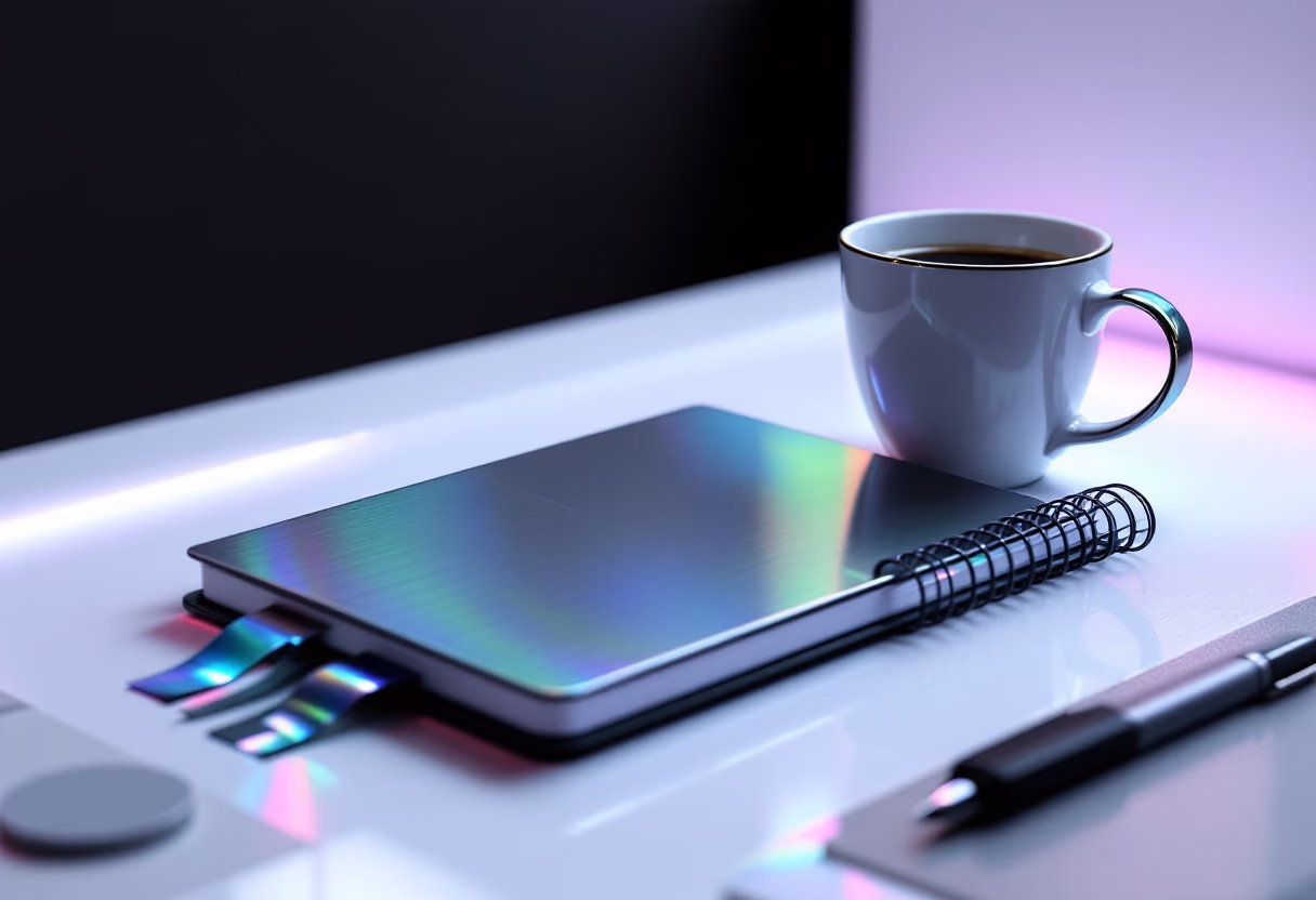 image of a notebook and coffee cup on a table (for a productivity tools business)