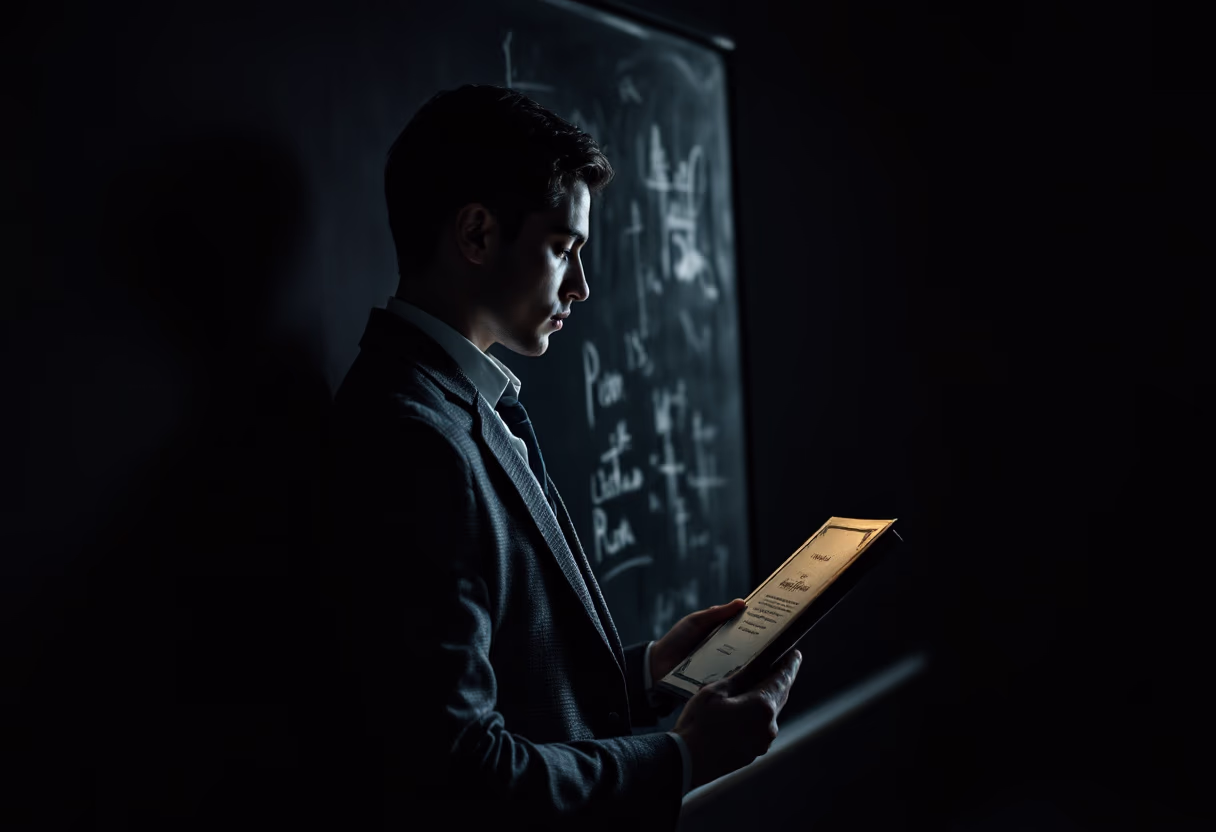 image of a student showing a certificate near a classroom board