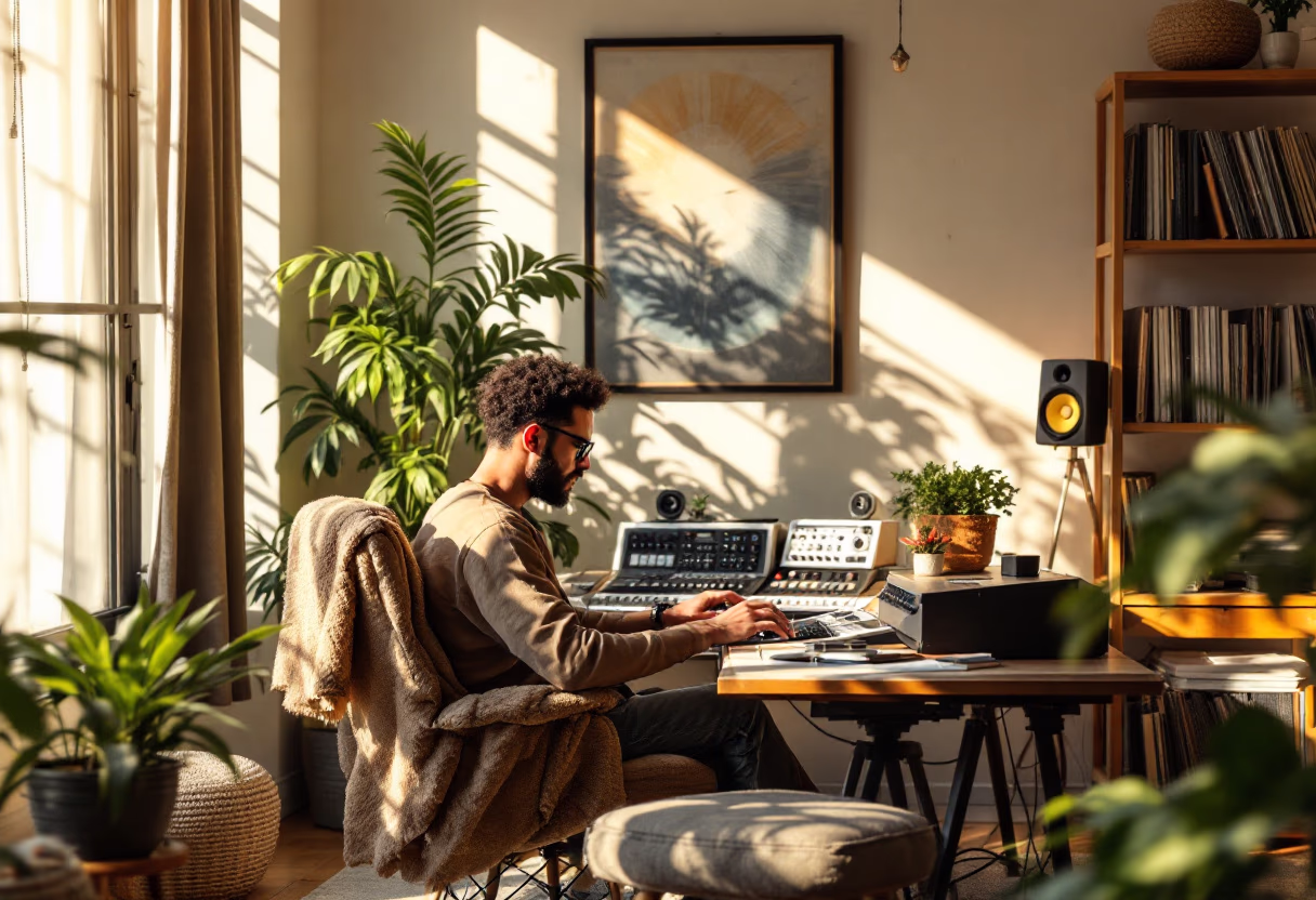 music producer in a cozy studio