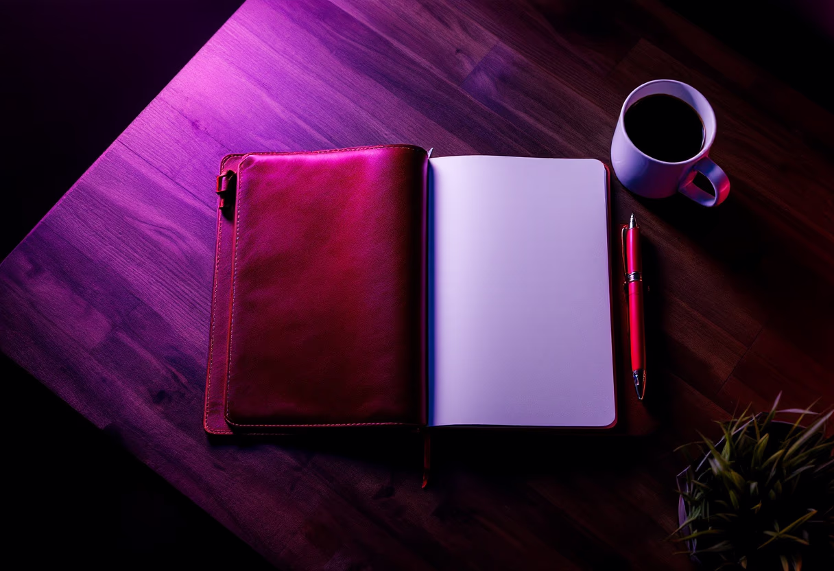 image of a notebook and coffee cup on a table (for a productivity tools business)