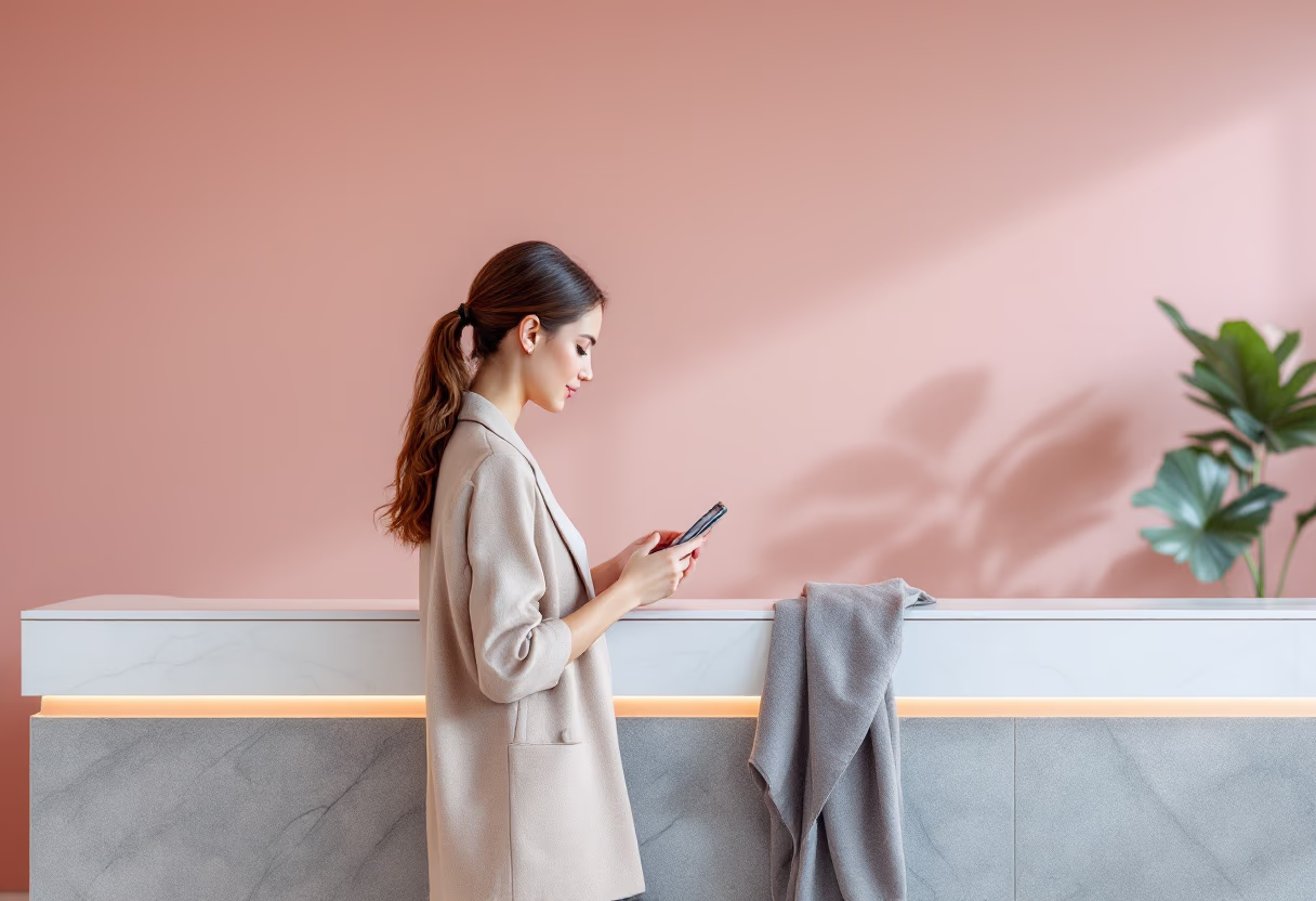 image of a person interacting with a travel app in a travel agency environment