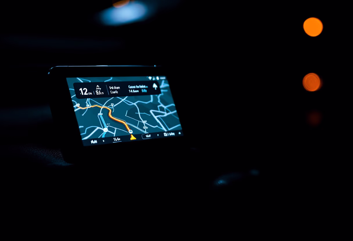 image of gps device activated on night road