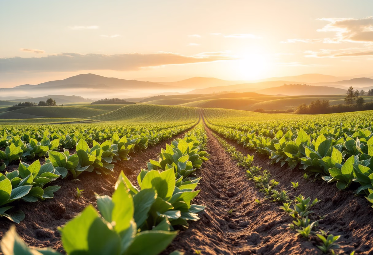 image of farmland with sunrise