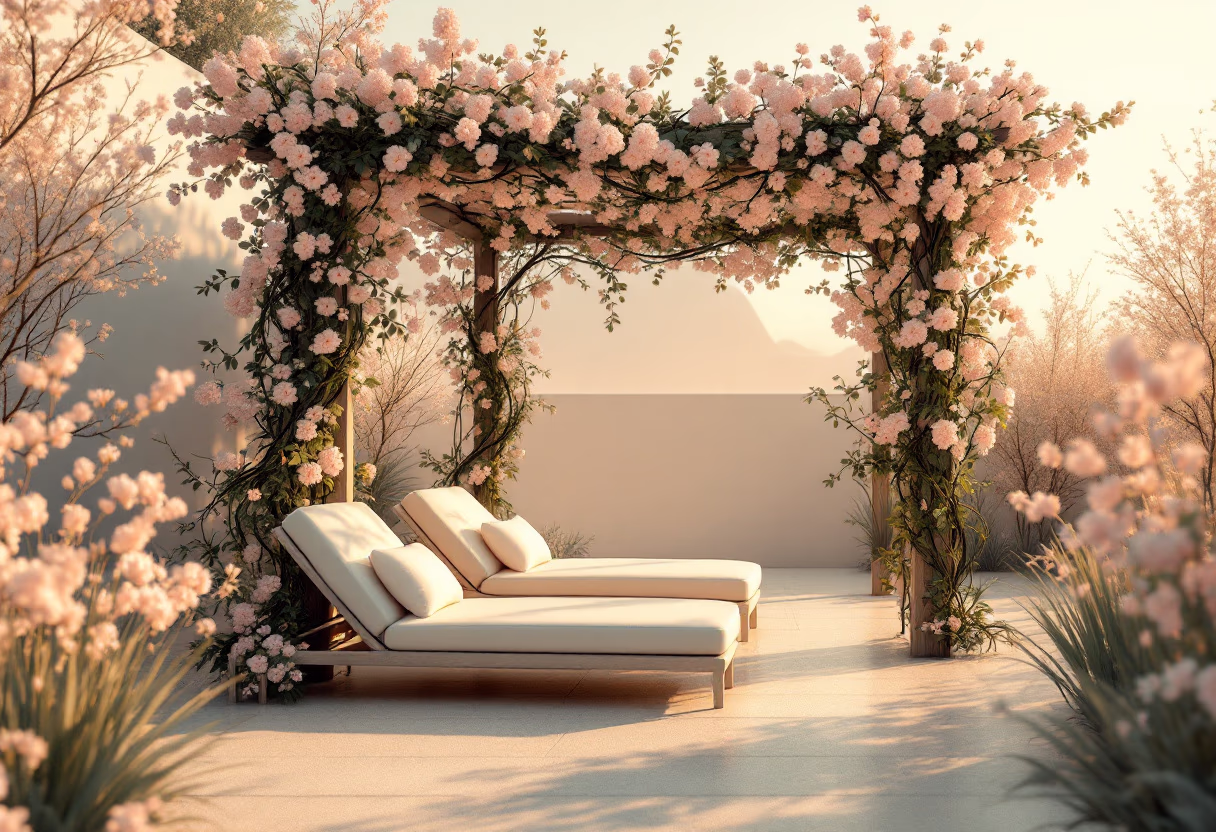 Flower-covered pergola shading two sun loungers on a terrace.