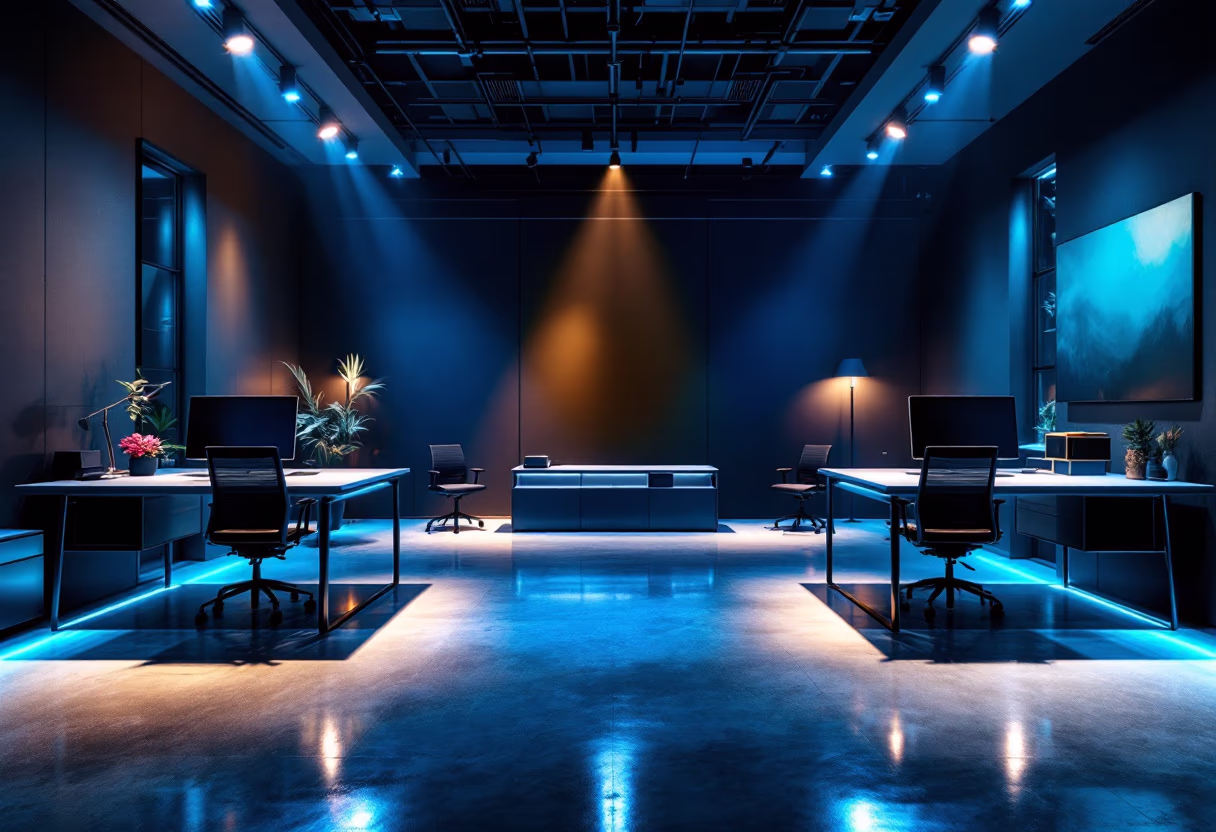[background image] image of office workspace with desks (for a film production company).