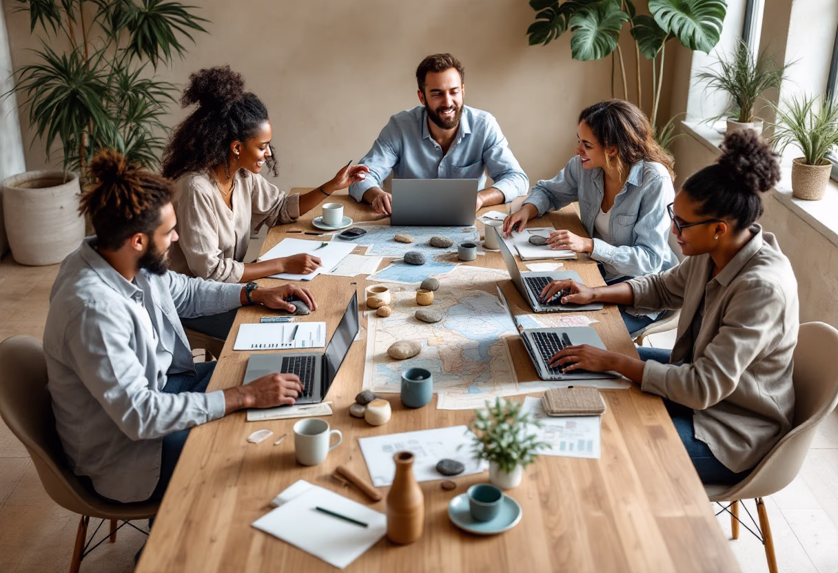image of team brainstorming session (for a travel tech)