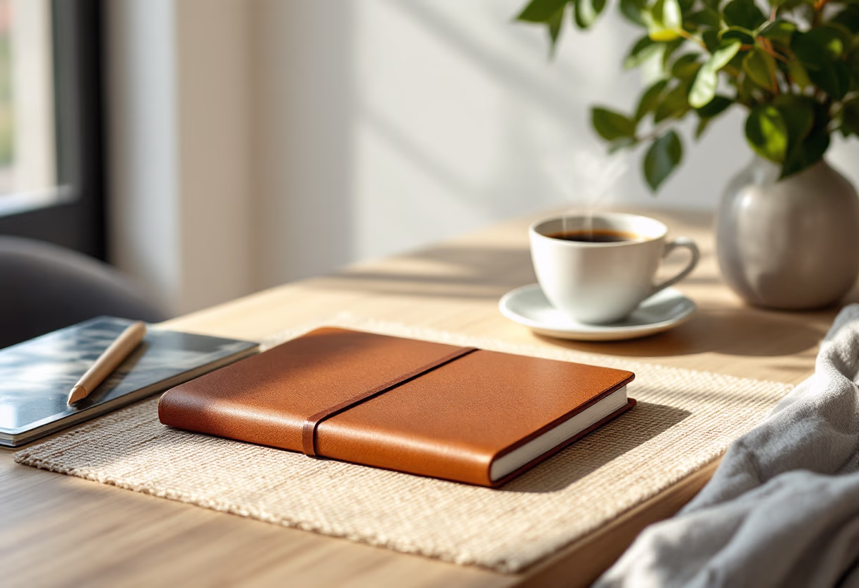 image of a notebook and coffee cup on a table for a productivity tools business