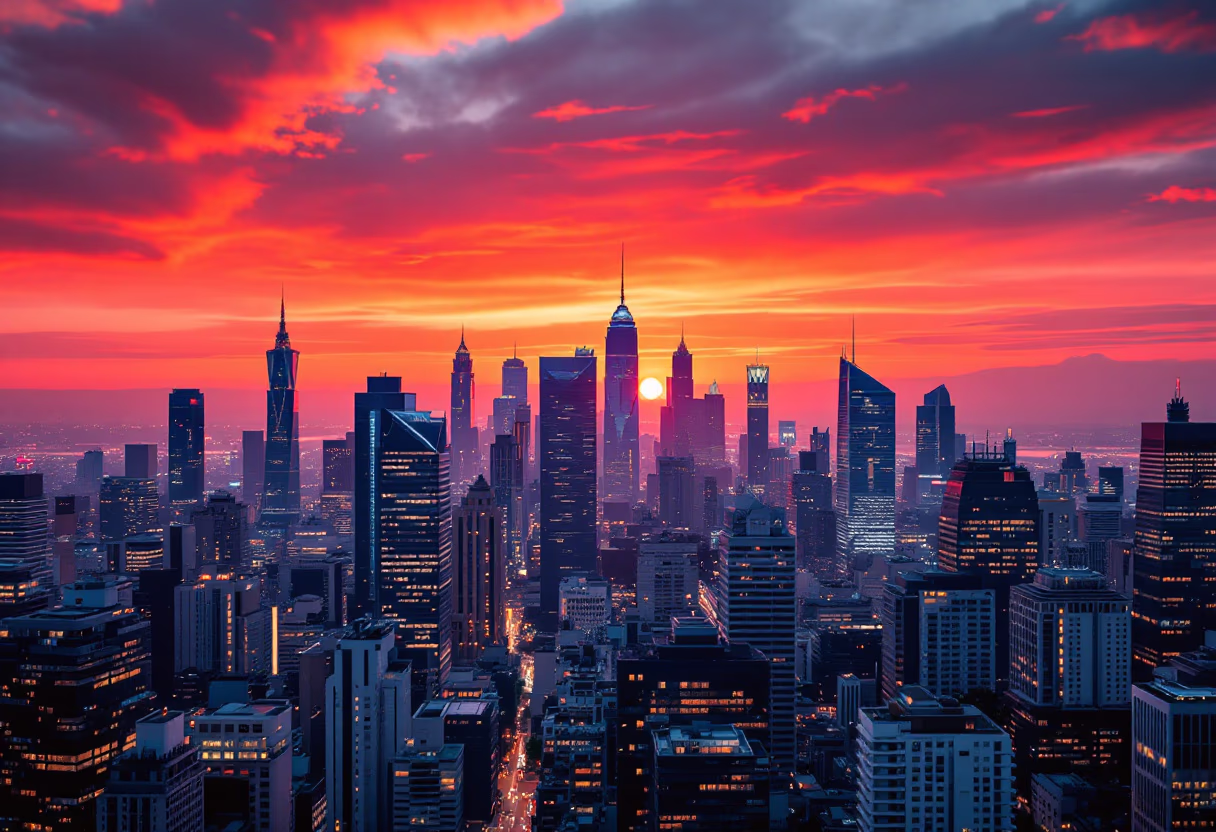 image of city skyline at sunset (for a fintech company)