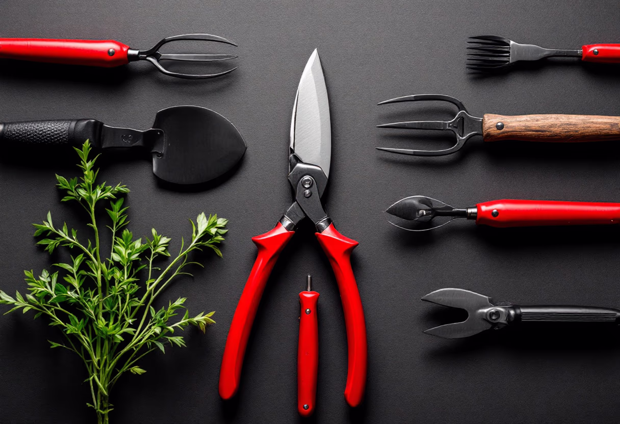 image of a gardening tools organized on a wall