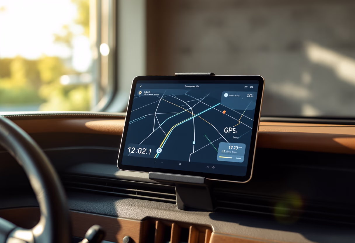 gps interface in use on a trucking dashboard