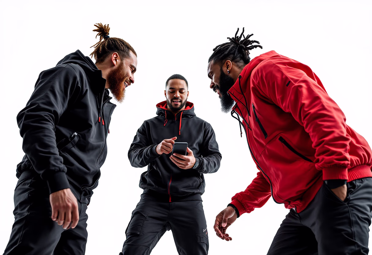 image of group discussion around technology (for a consumer apps).