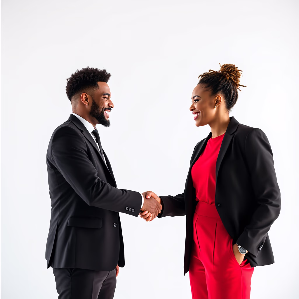 [headshot] image of a satisfied customer shaking hands with a company representative (for a fintech company)