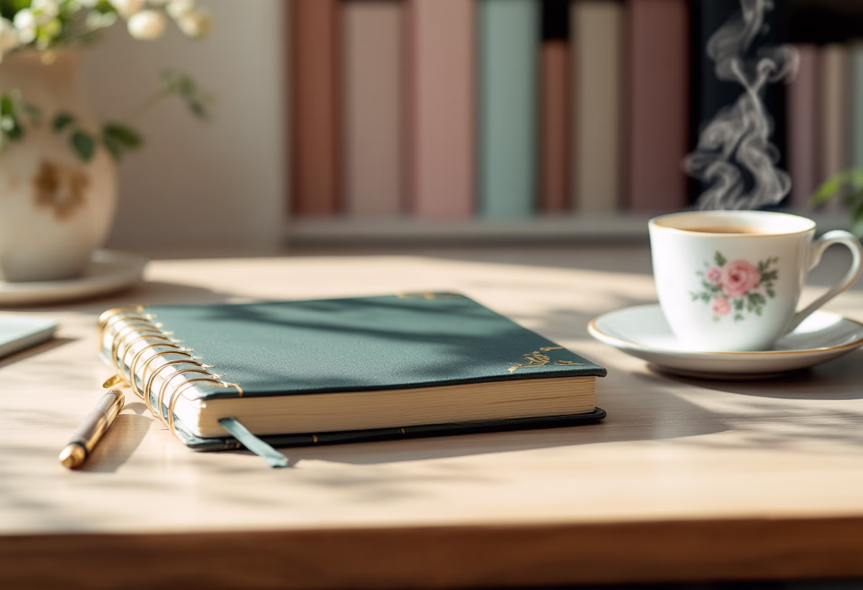 image of a notebook and a coffee cup on a desk