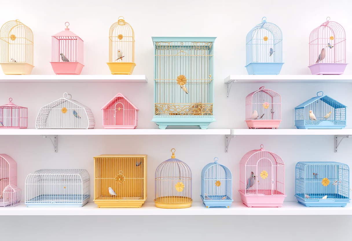 image of bird cages on display (for a pet store)