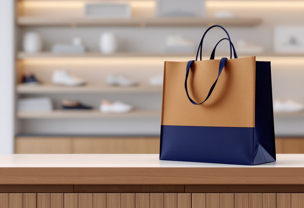 image of shopping bag at checkout counter (for a footwear store)