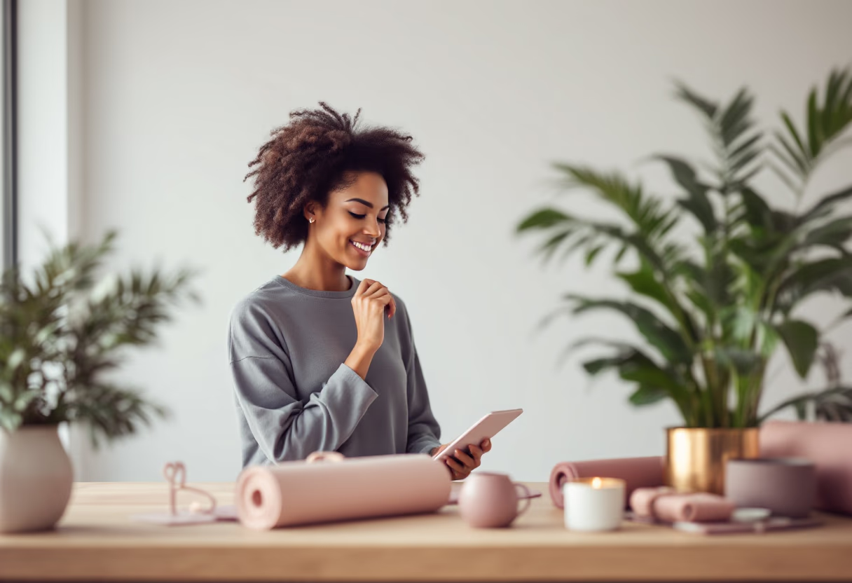 customer browsing yoga products at studio reception