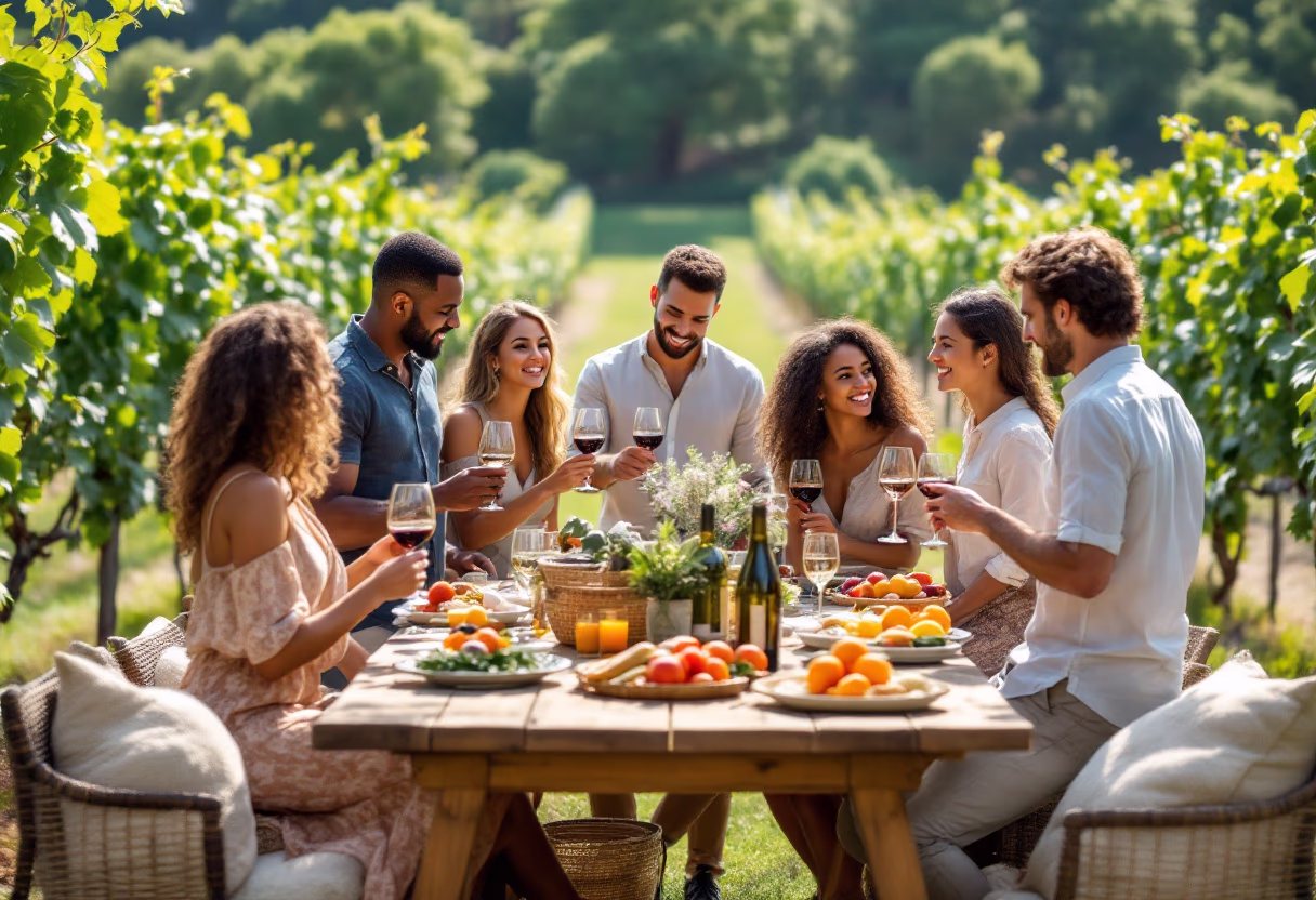 image of a group of friends having a wine tasting experience outdoors at a winery