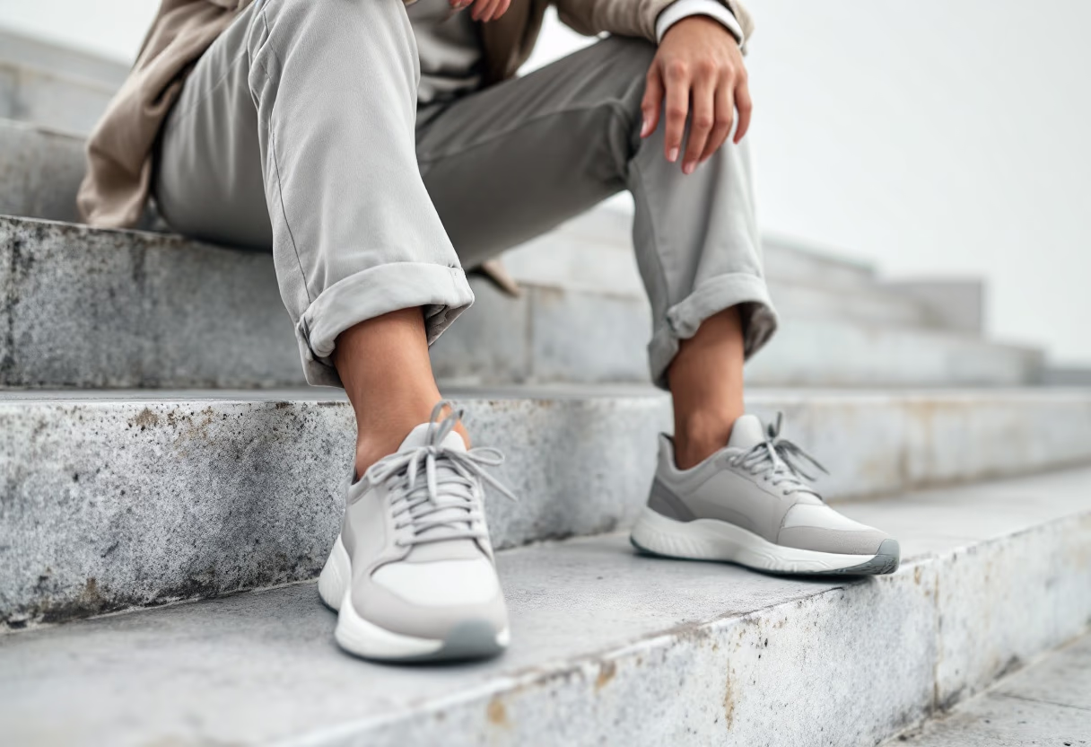 image of an urban hiker sitting on stairs, highlighting athletic shoes