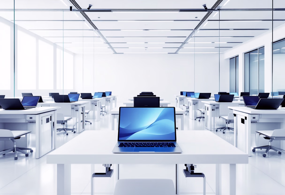 [background image] image of open workspace with advanced tech equipment (for an ai education tech company)