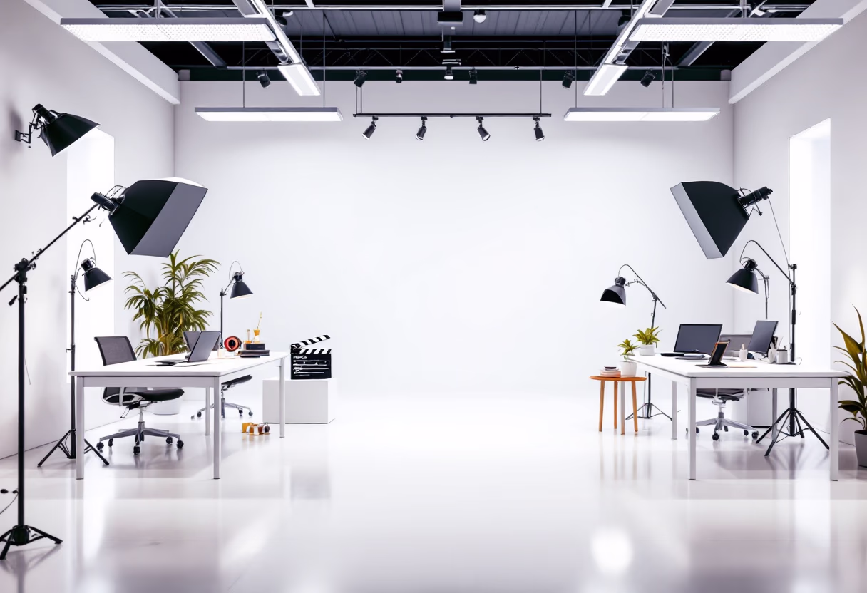 [background image] image of office workspace with desks (for a film production company)