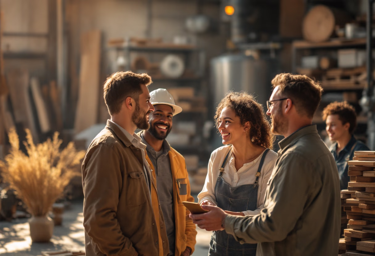 image depicting employees collaborating (for a manufacturing plant)