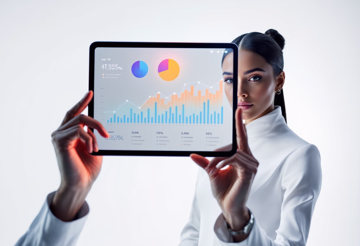 image of business professional reviewing analytics (for a hr tech), showcasing the digital work on a handheld device