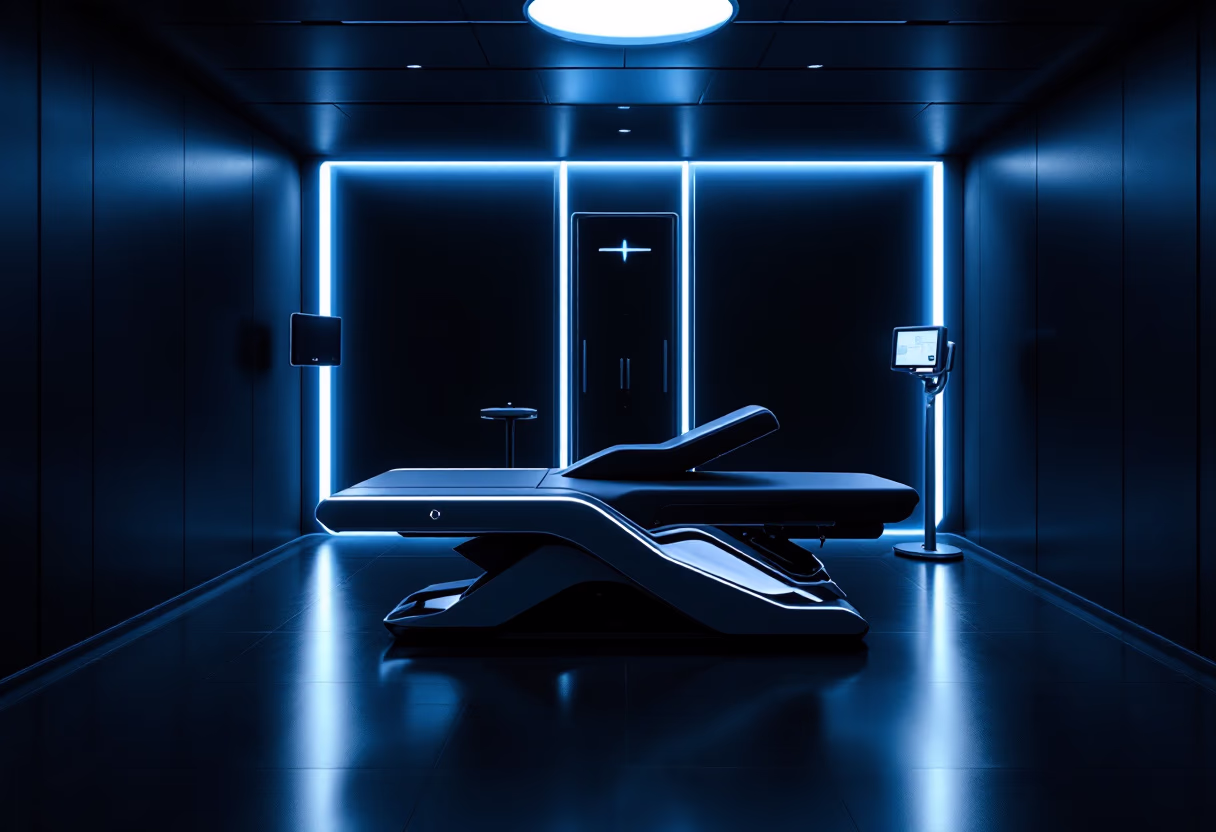 image of a futuristic physiotherapy treatment room with state-of-the-art equipment