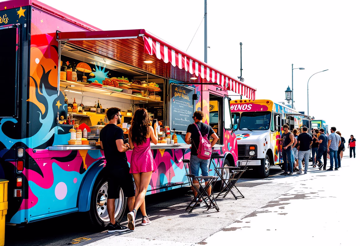 [background image] image of bustling food truck scene