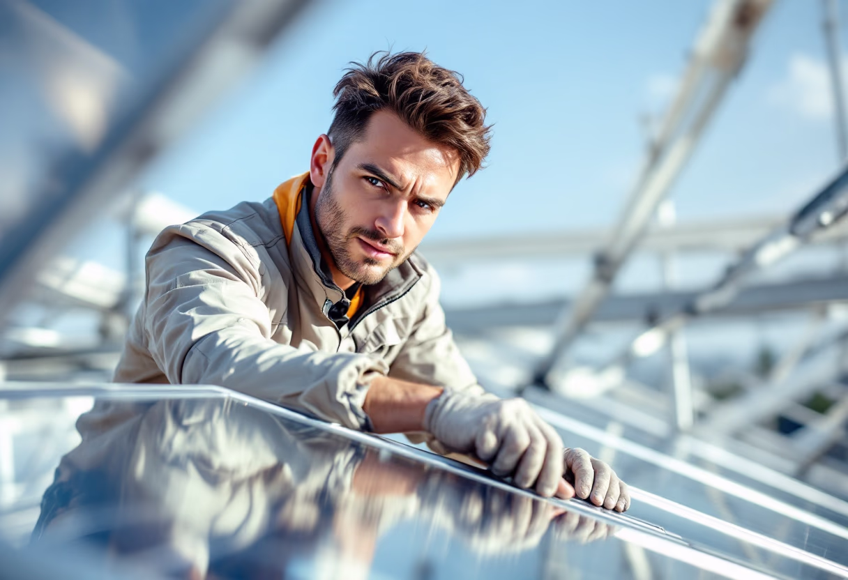 another image of a technician installing solar panels for a green tech/cleantech company