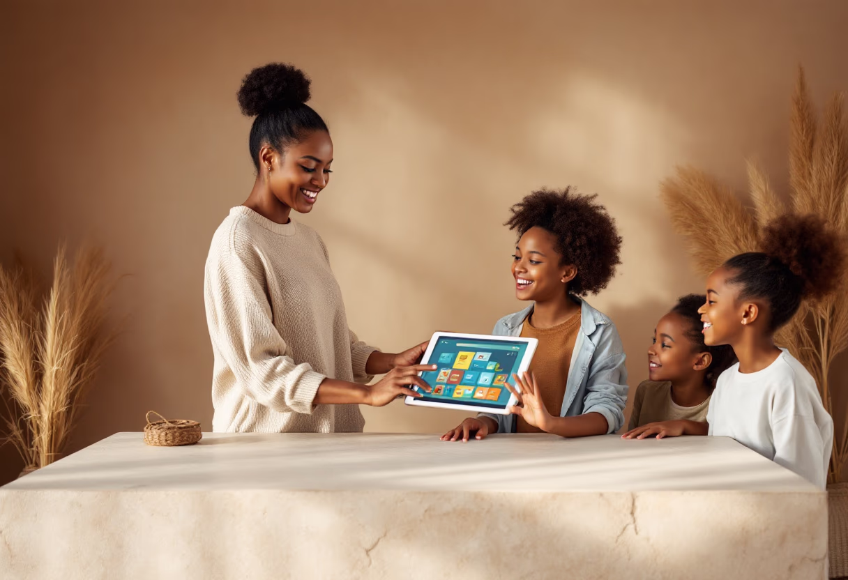 image of a teacher interacting with students using digital tools