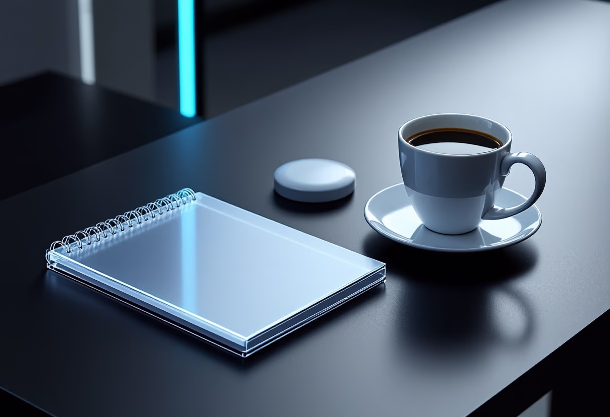 image of a notebook and coffee cup on a table (for a productivity tools business)