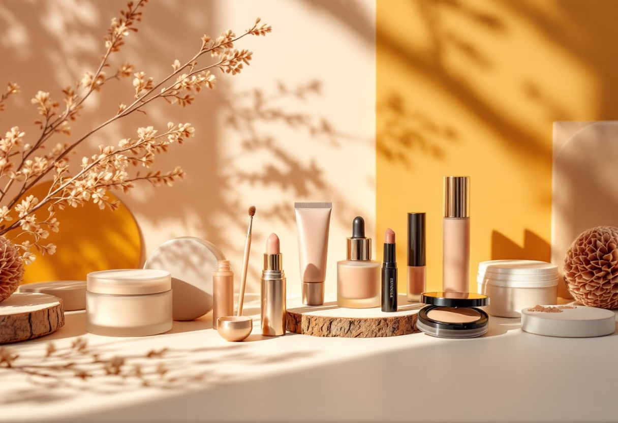 [background image] of organized makeup products (for a beauty product)